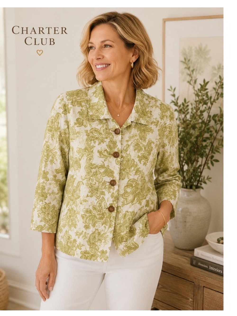 Charter Club Linen Cropped Blazer, Sz. S, Lime Green/White Paisley Print, Cute!